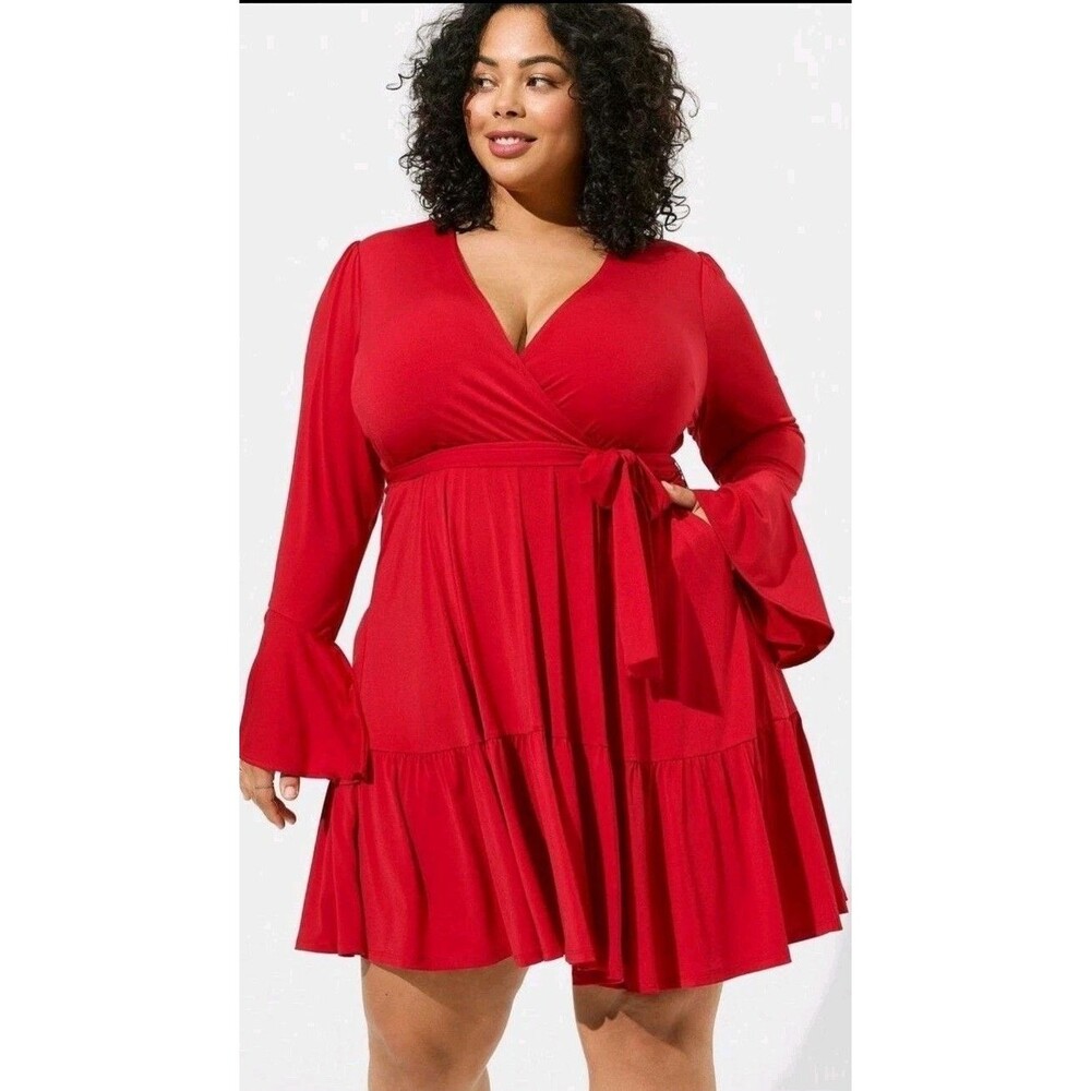 NWT Torrid |Sz 2X| Dress Studio Knit Tiered Wrap Mini Flounce Sleeve Red Pockets